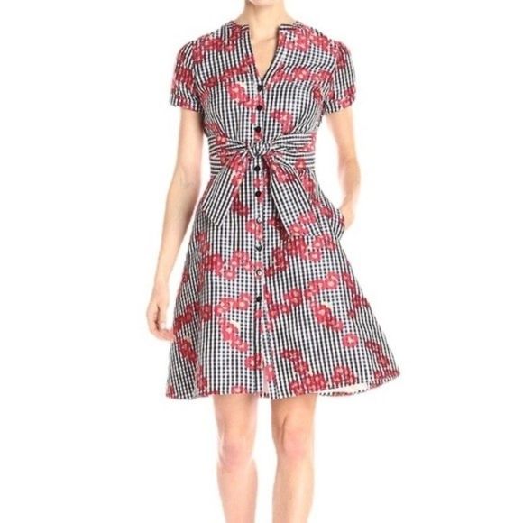 Adrianna Papell Dresses & Skirts - Adrianna Papell Gingham Floral Flared Shirt Dress
